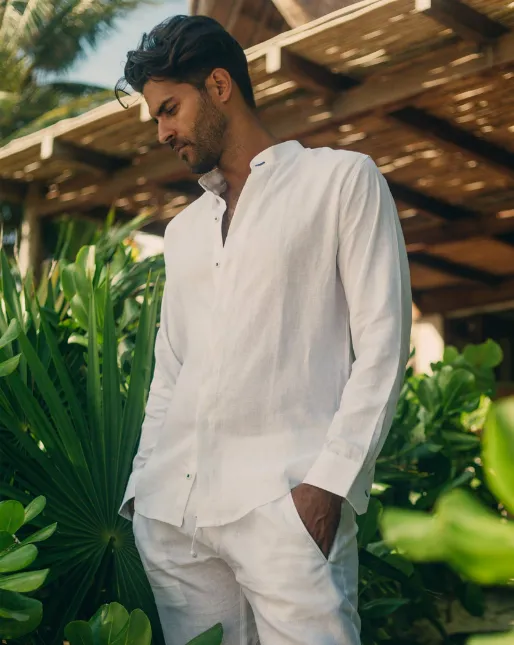 Menorca Linen Shirt - White/Royal Blue