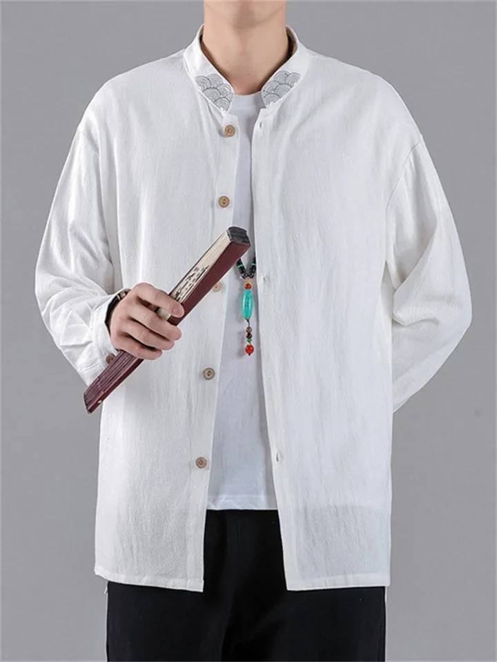 Men's Casual Embroidery Stand Collar Linen Long Sleeve Shirt
