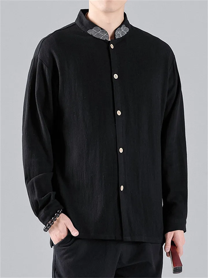 Men's Casual Embroidery Stand Collar Linen Long Sleeve Shirt