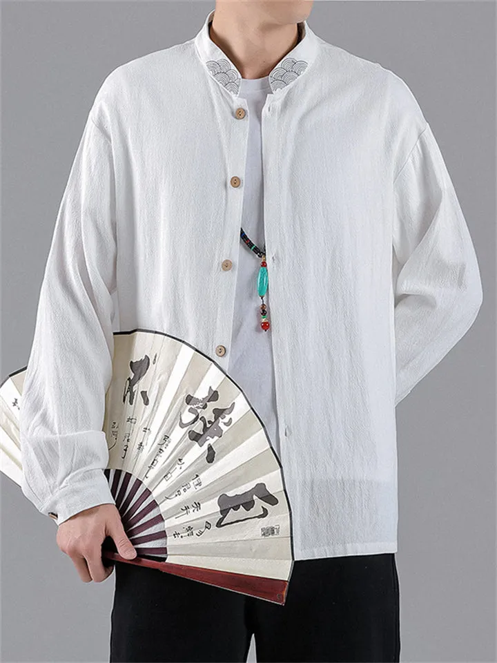 Men's Casual Embroidery Stand Collar Linen Long Sleeve Shirt
