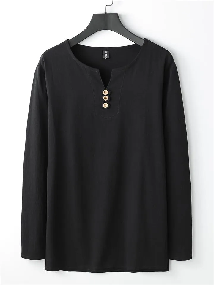 Mens Loose Comfy Linen Button Solid Color Long Sleeve T-Shirts