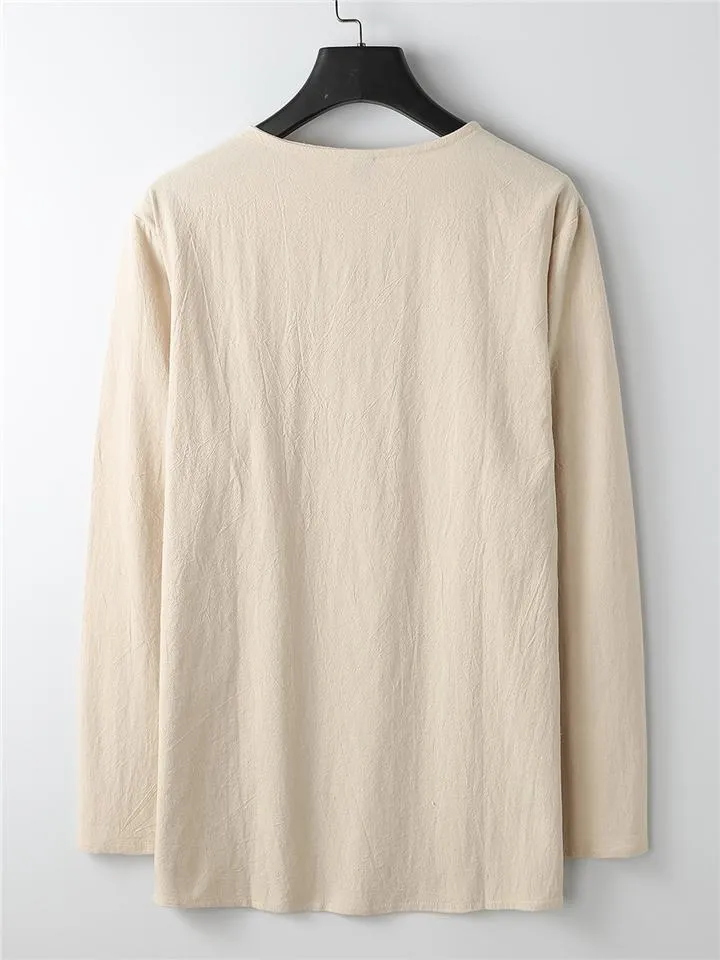 Mens Loose Comfy Linen Button Solid Color Long Sleeve T-Shirts