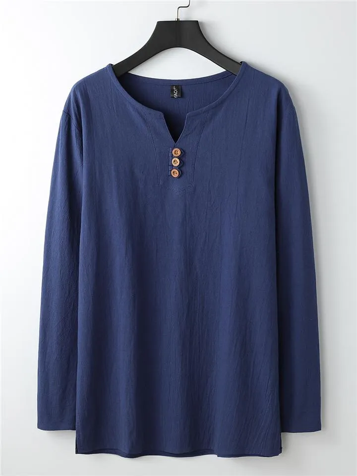 Mens Loose Comfy Linen Button Solid Color Long Sleeve T-Shirts
