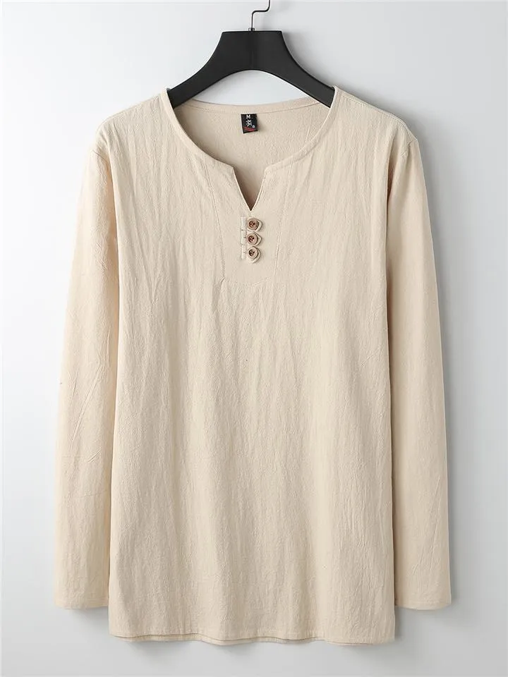 Mens Loose Comfy Linen Button Solid Color Long Sleeve T-Shirts