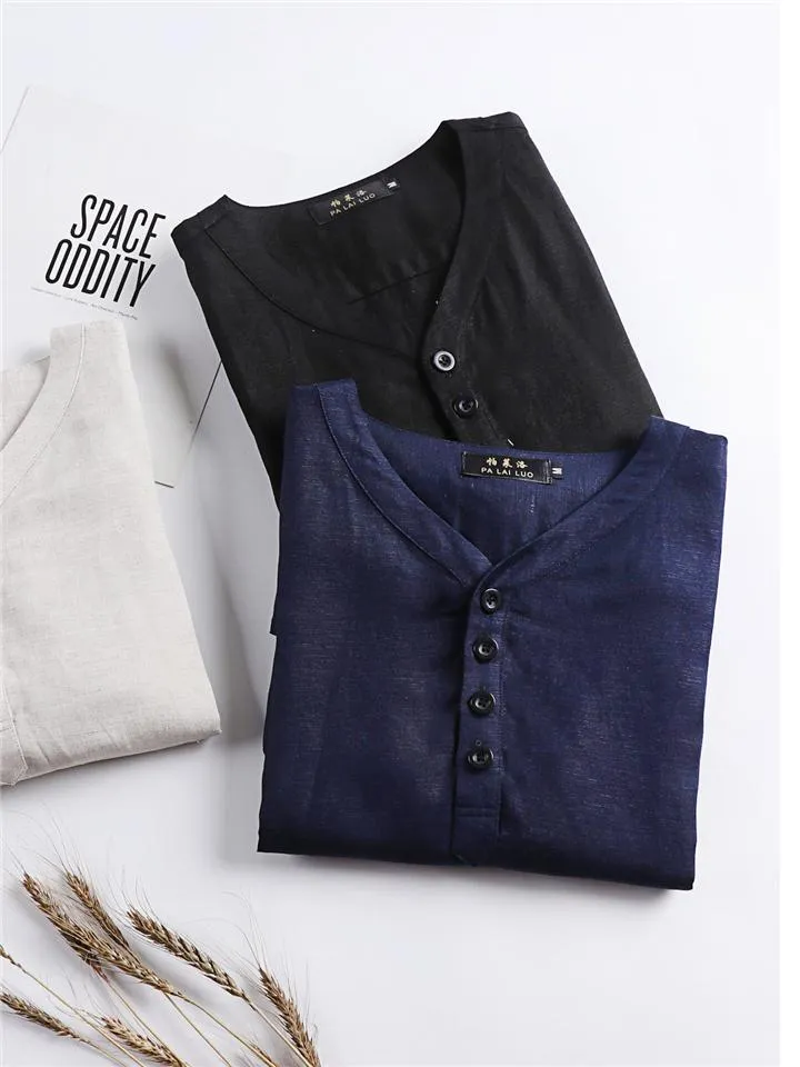 Mens Loose Comfy Linen Solid Color Long Sleeve T-Shirts