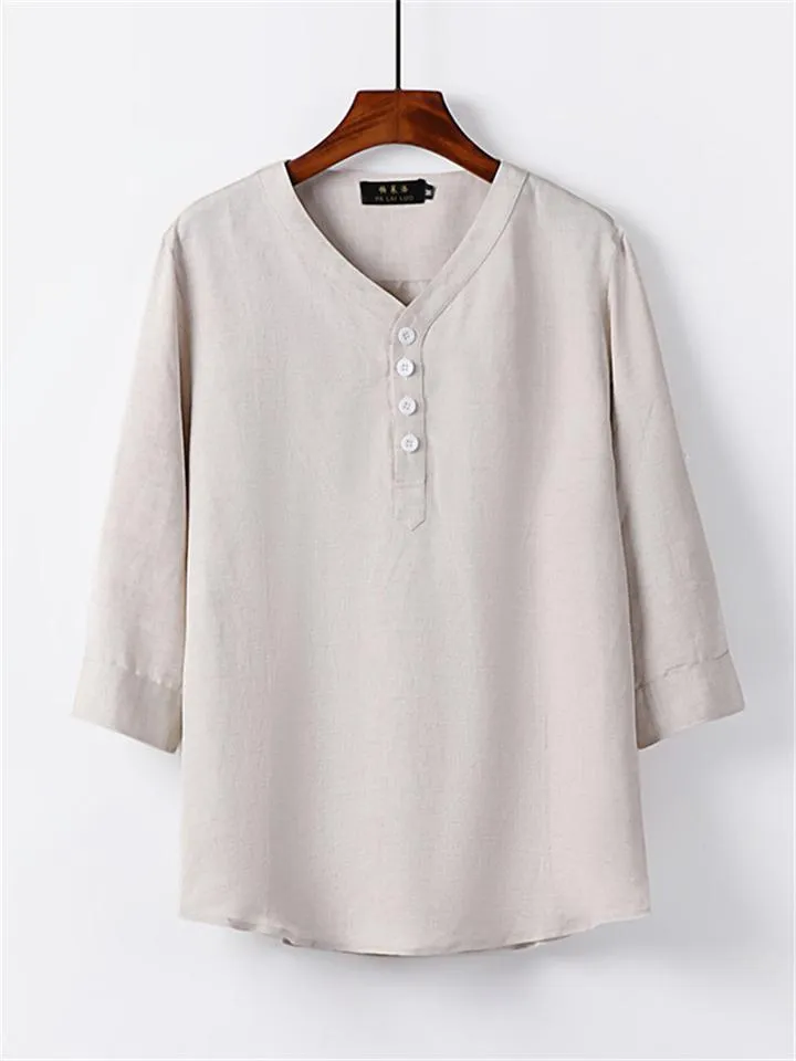 Mens Loose Comfy Linen Solid Color Long Sleeve T-Shirts