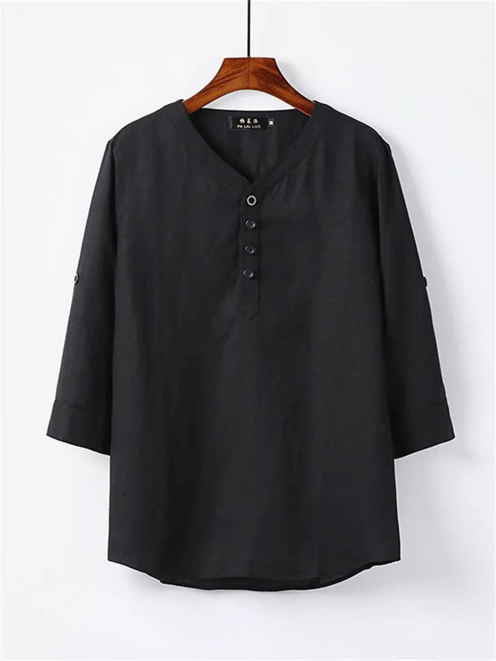 Mens Loose Comfy Linen Solid Color Long Sleeve T-Shirts