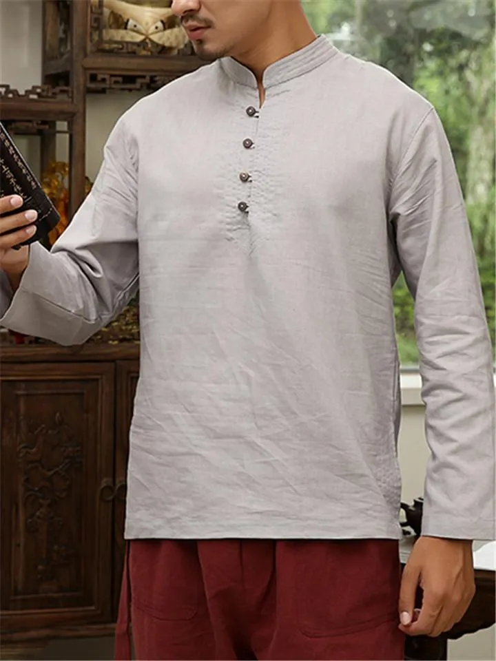 Mens Loose Comfy Soft Linen Button Solid Color Long Sleeve T-Shirts