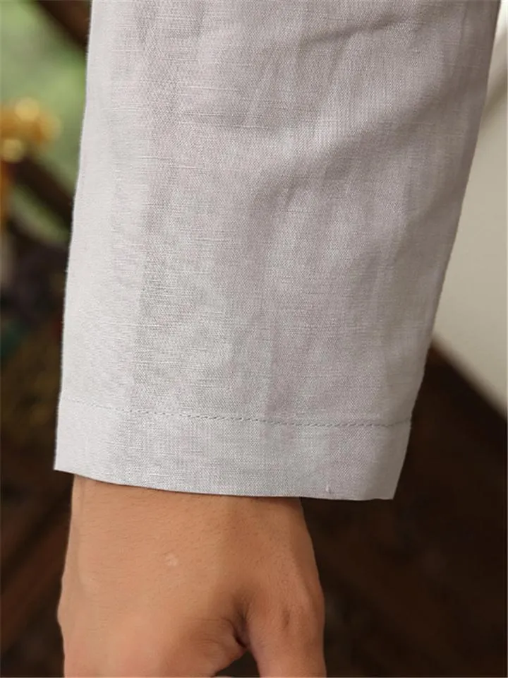 Mens Loose Comfy Soft Linen Button Solid Color Long Sleeve T-Shirts