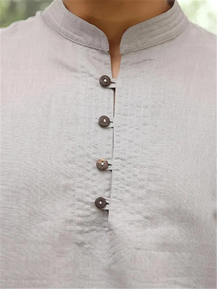 Mens Loose Comfy Soft Linen Button Solid Color Long Sleeve T-Shirts