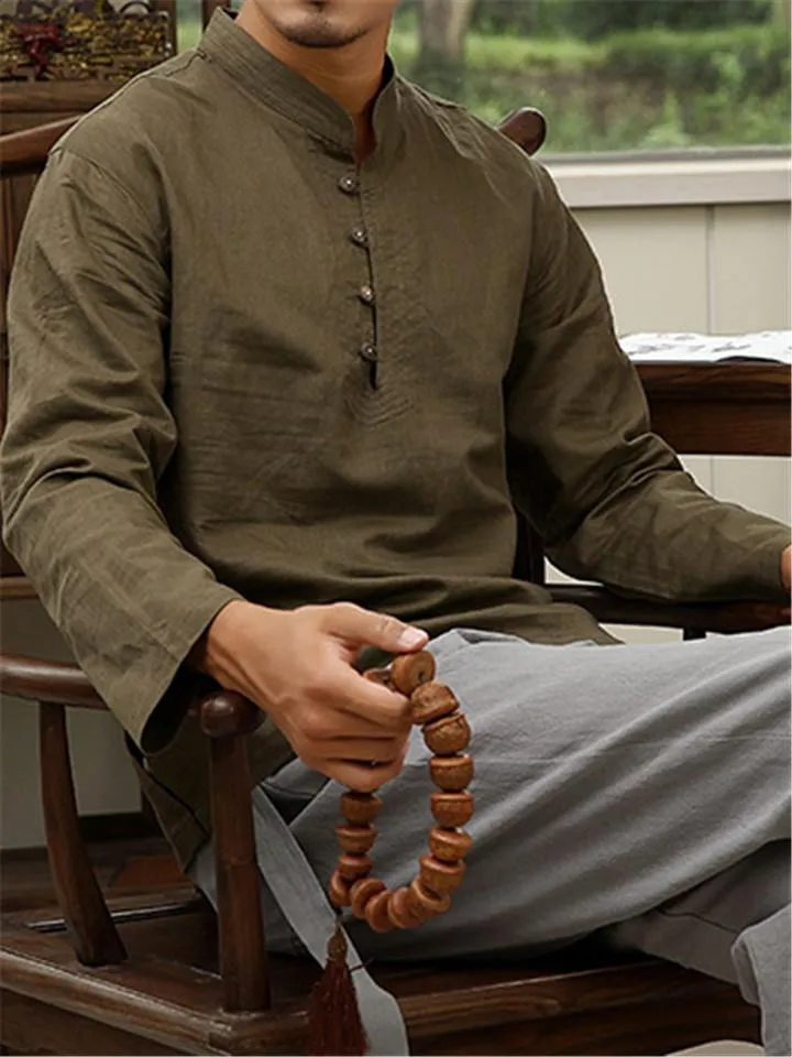 Mens Loose Comfy Soft Linen Button Solid Color Long Sleeve T-Shirts