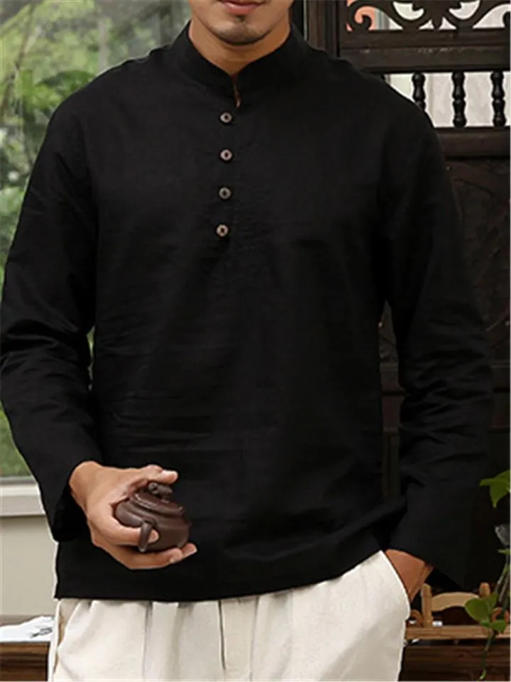 Mens Loose Comfy Soft Linen Button Solid Color Long Sleeve T-Shirts