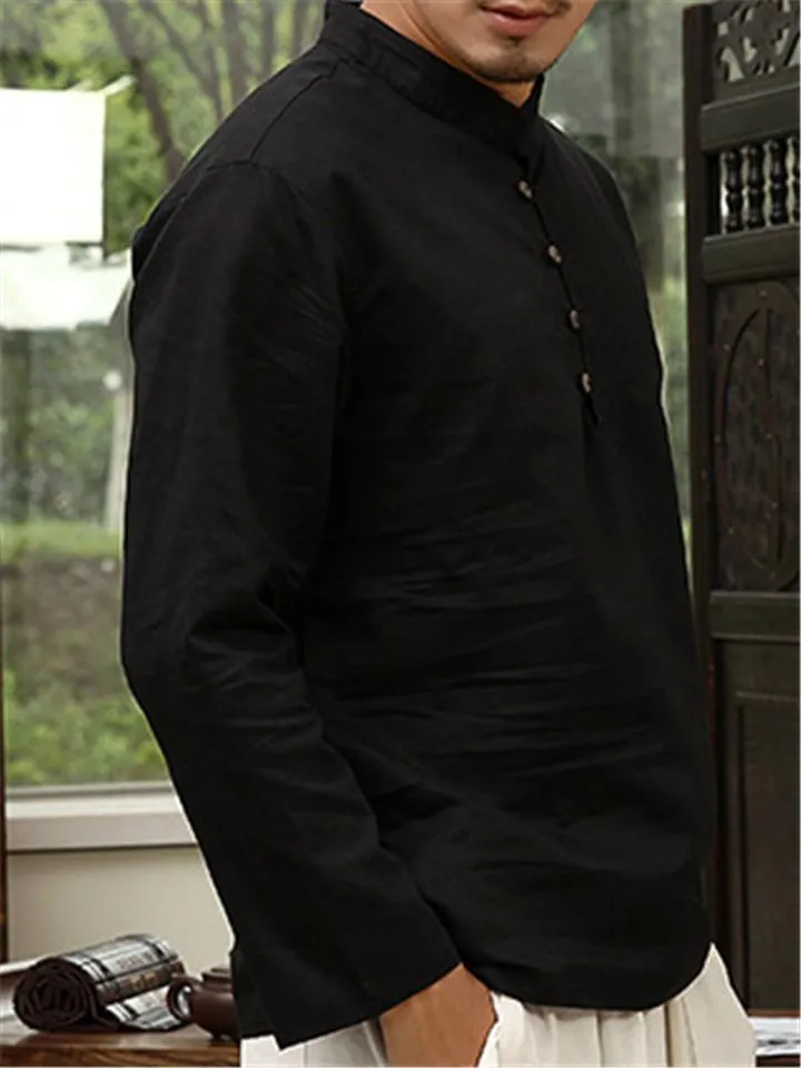 Mens Loose Comfy Soft Linen Button Solid Color Long Sleeve T-Shirts