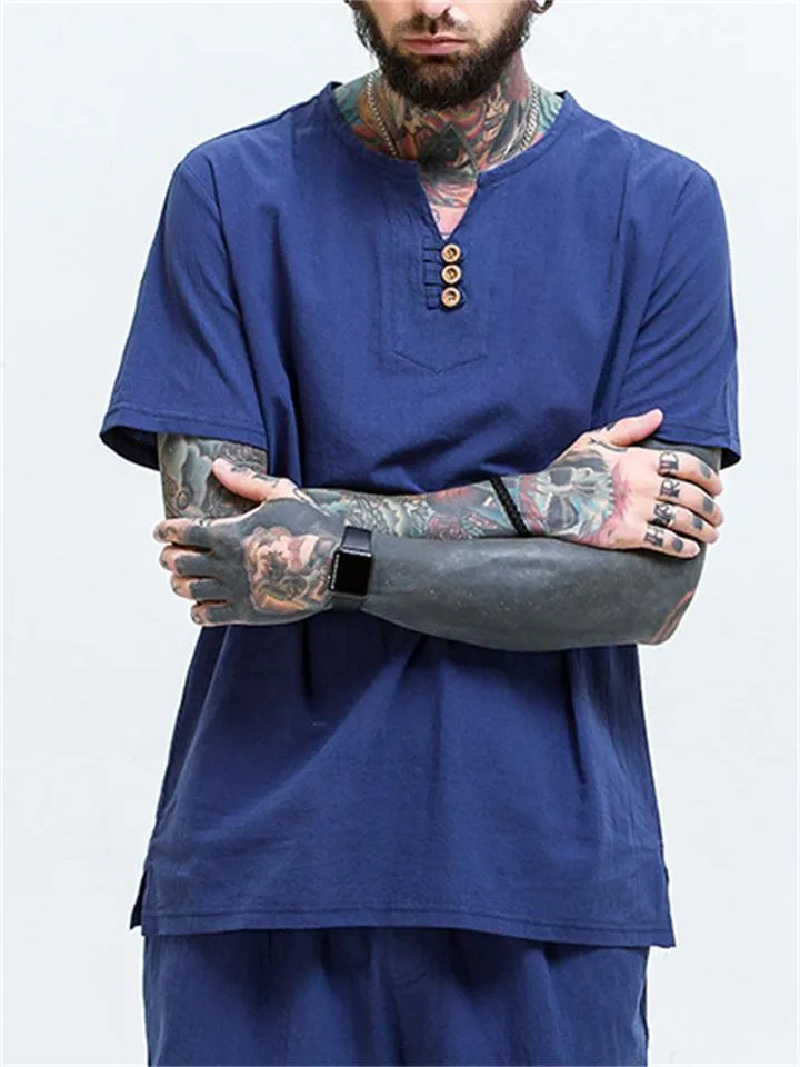 Men's Plus Short-Sleeved Solid Color Loose Cotton And Linen T-Shirt