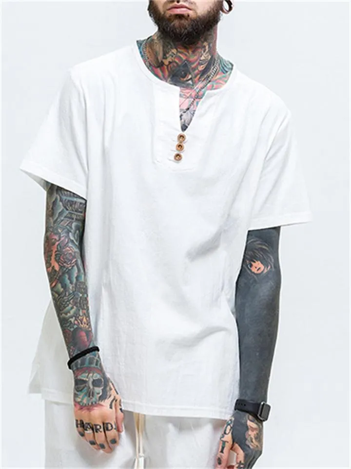 Men's Plus Short-Sleeved Solid Color Loose Cotton And Linen T-Shirt