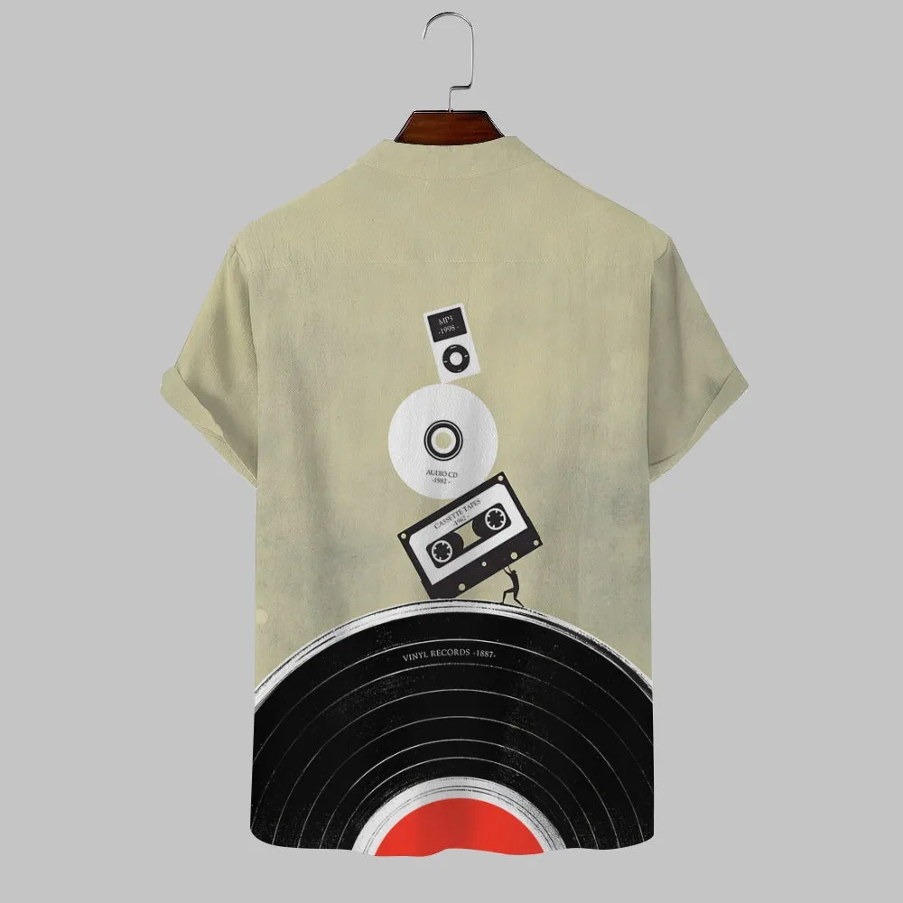 Men's Retro Jazz Records Print Linen Blend V Neck T-Shirt 2409004503