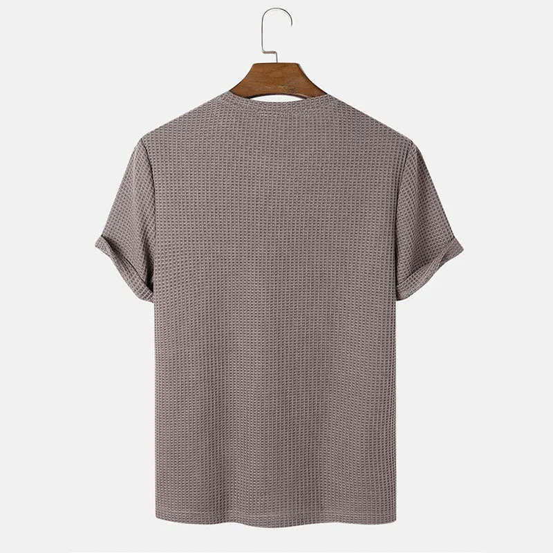 Men's Slim Fit Long Sleeve Summer T-Shirt – Solid Color Round Neck Henley, Lightweight Polyester Rayon