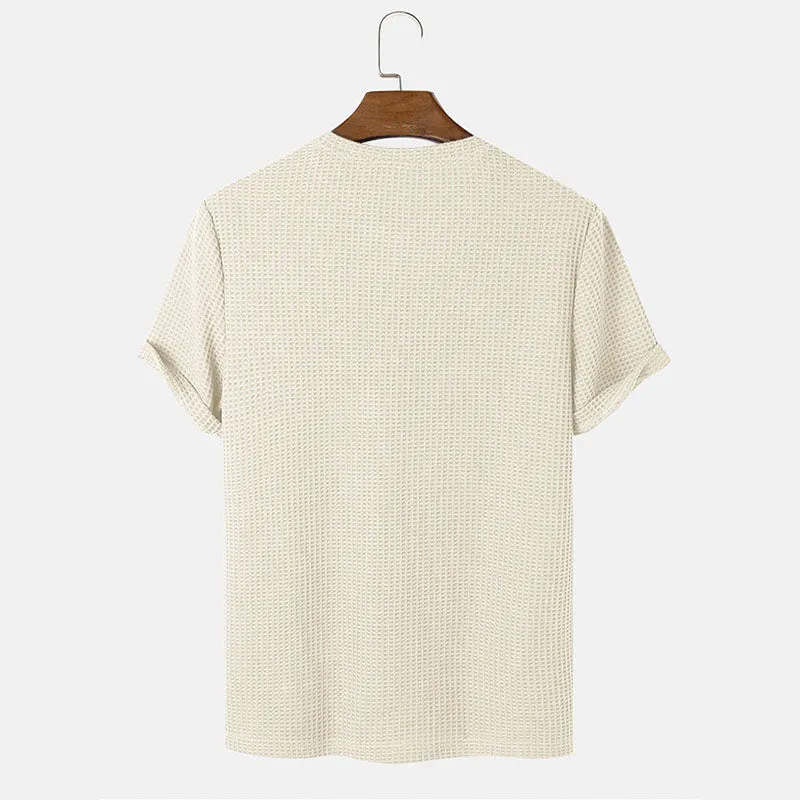 Men's Slim Fit Long Sleeve Summer T-Shirt – Solid Color Round Neck Henley, Lightweight Polyester Rayon