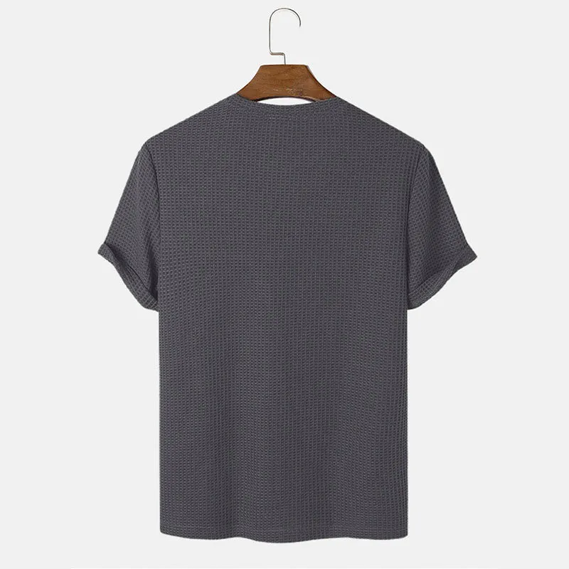 Men's Slim Fit Long Sleeve Summer T-Shirt – Solid Color Round Neck Henley, Lightweight Polyester Rayon