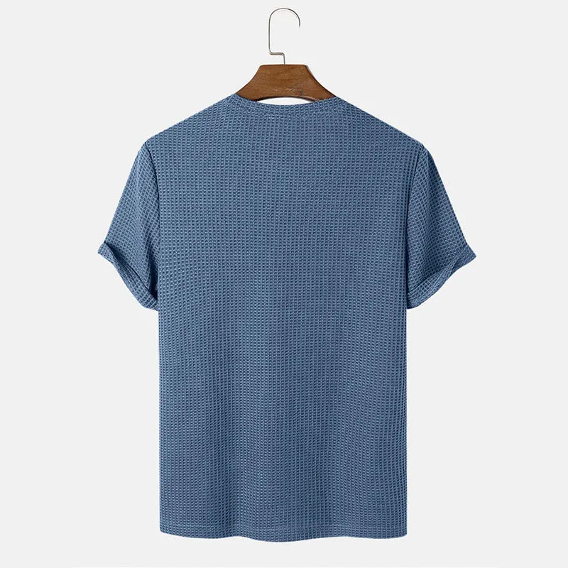 Men's Slim Fit Long Sleeve Summer T-Shirt – Solid Color Round Neck Henley, Lightweight Polyester Rayon