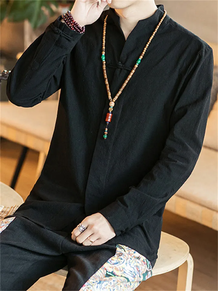 Men's Stand Collar Knot Button Spring Loose Linen Shirt