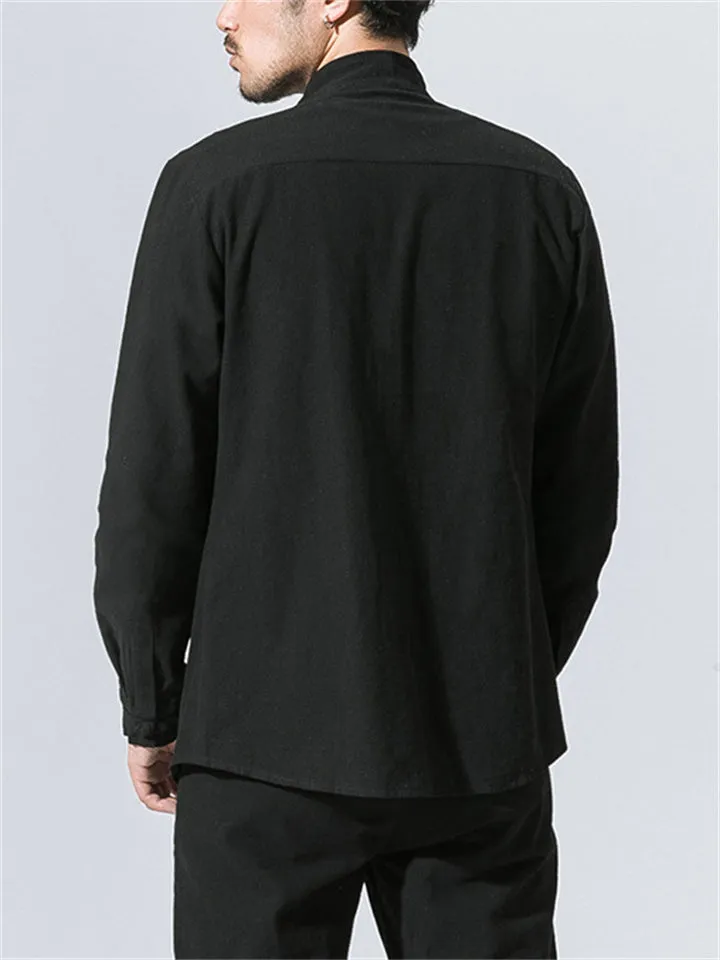 Men's Stand Collar Knot Button Spring Loose Linen Shirt