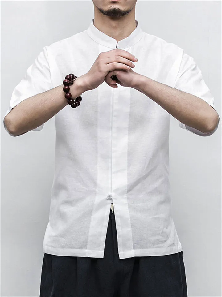 Men's Summer Vacation Stand Collar Button Short Sleeve Linen Shirt