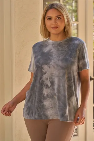 Plus Charcoal Tie-dye Print Round Neck Short Sleeve Relaxed Fit T-short Top