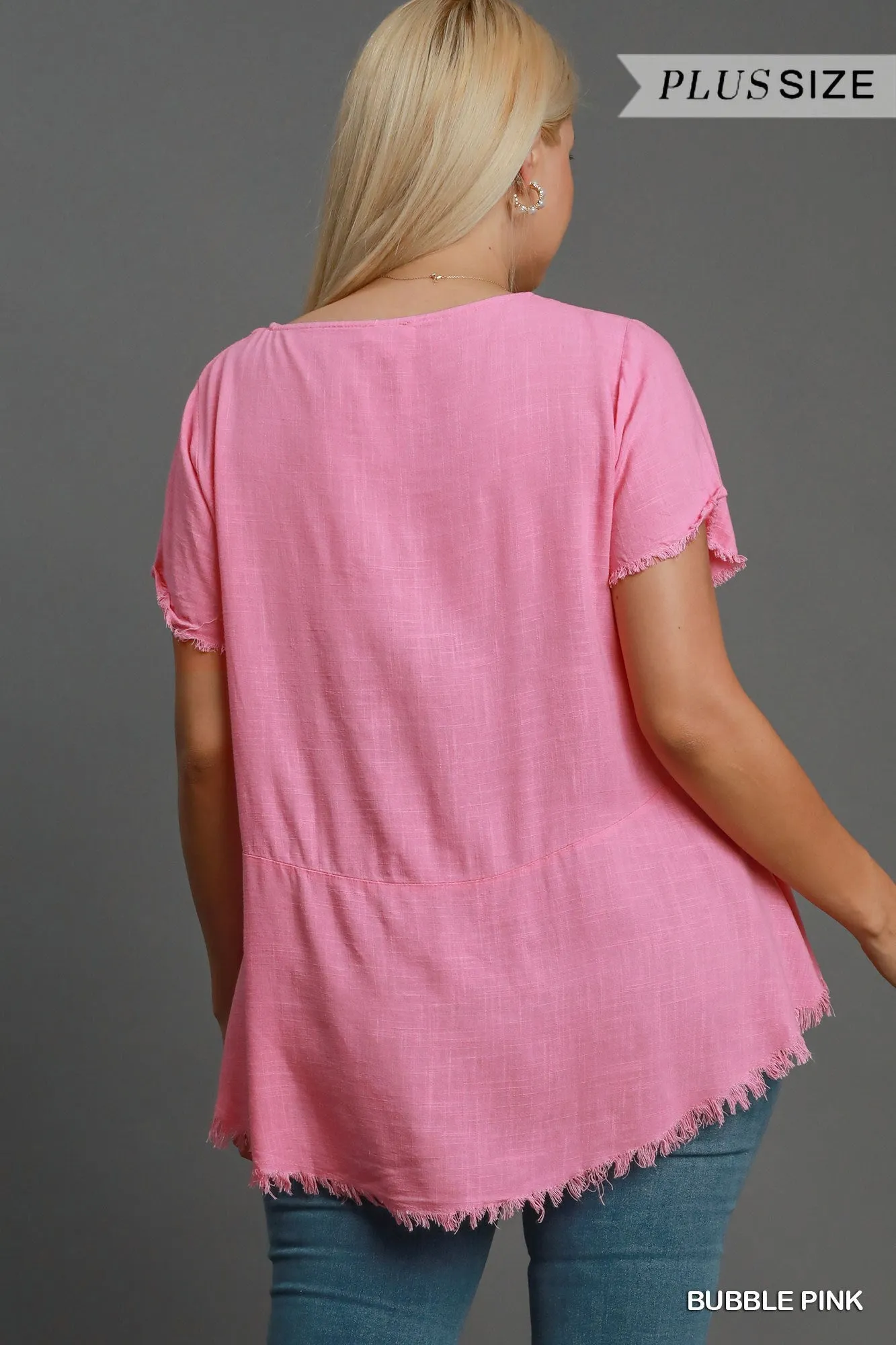 PLUS Linen Short Sleeve Top with Frayed