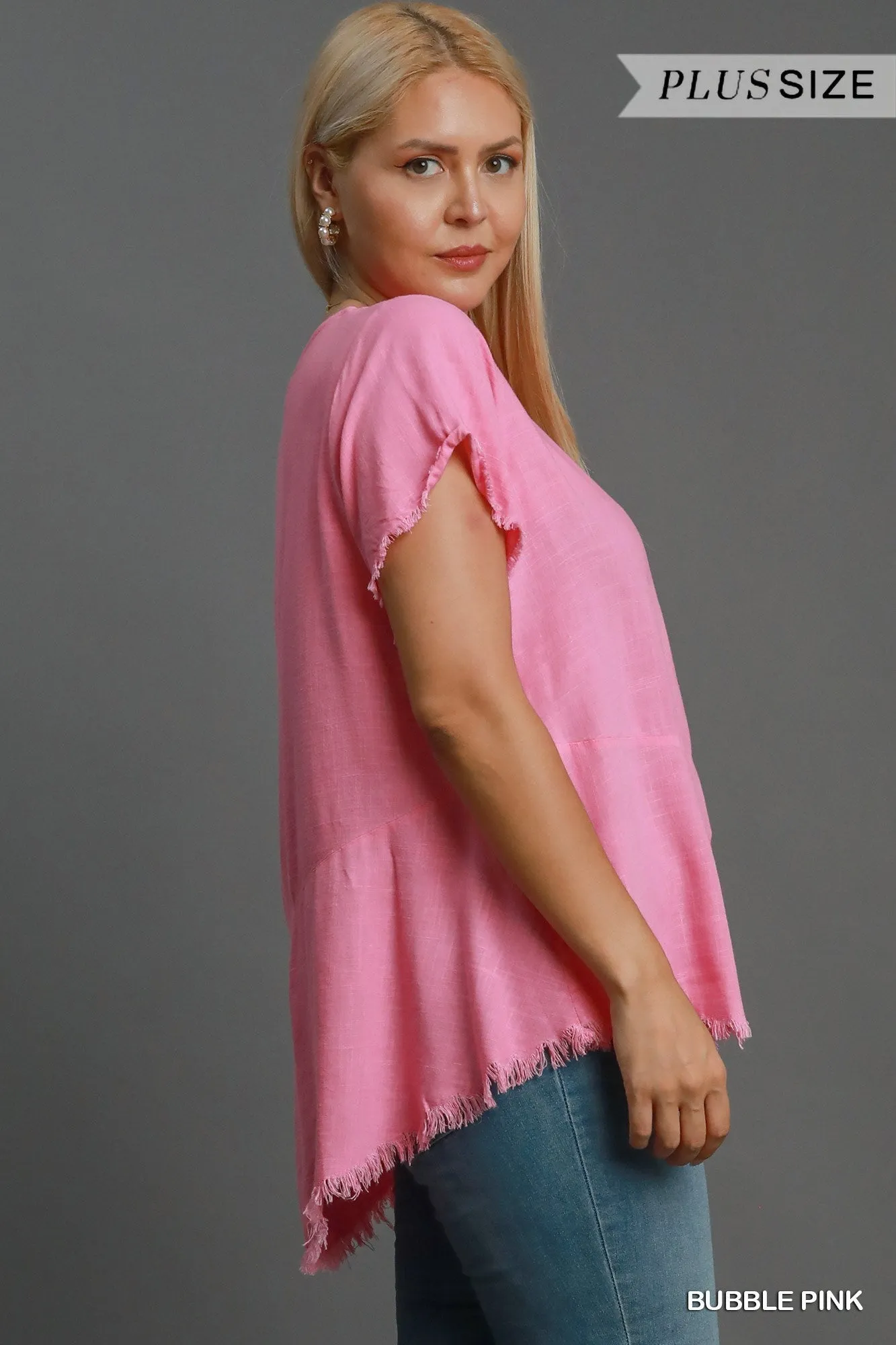 PLUS Linen Short Sleeve Top with Frayed