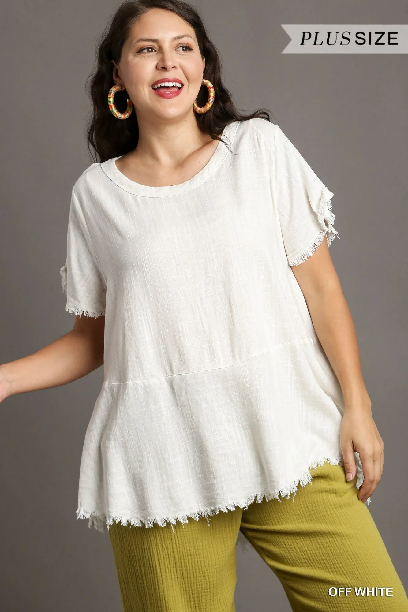 PLUS Linen Short Sleeve Top with Frayed