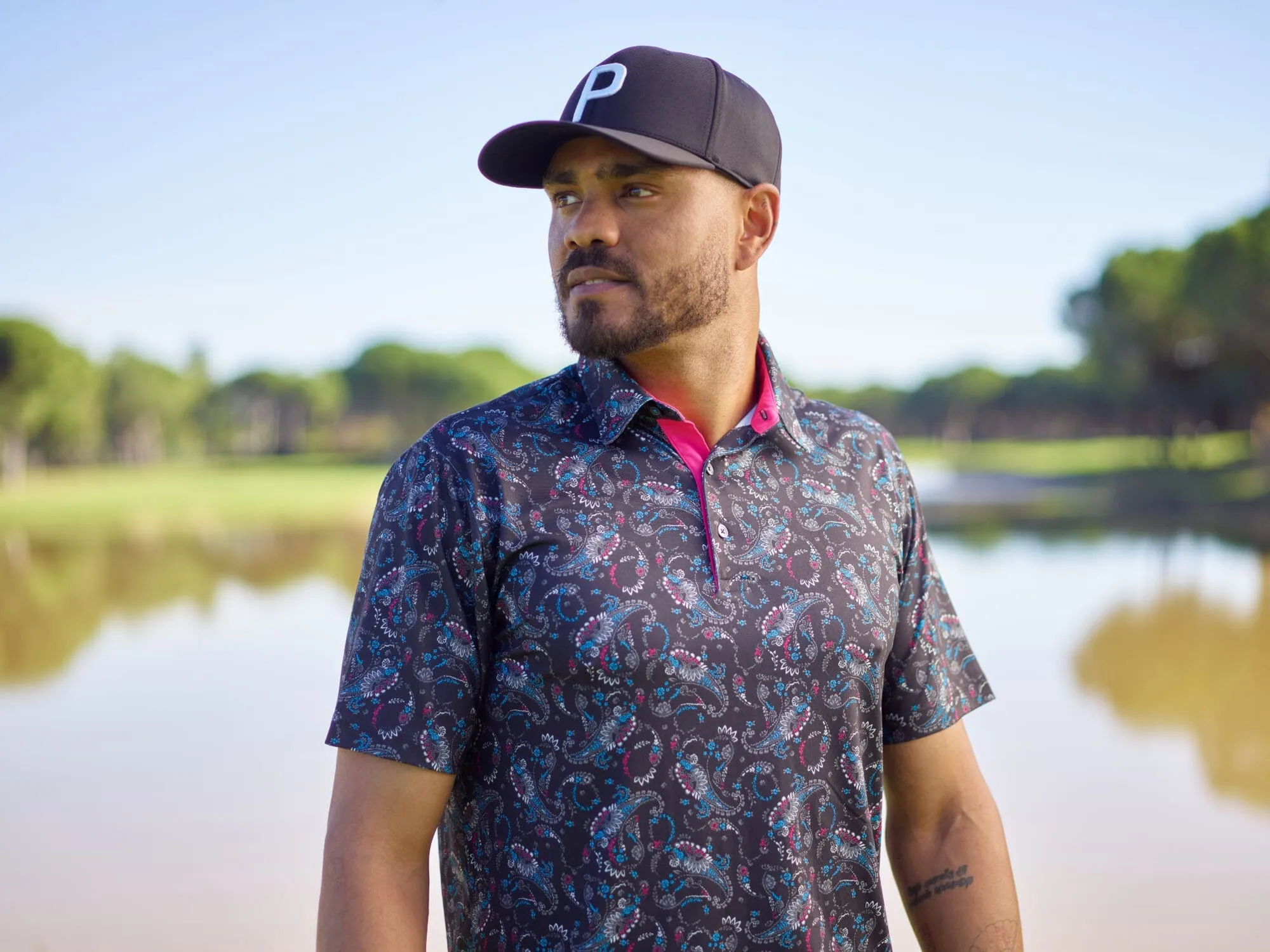 Puma Men's Cloudspun Paisley Polo (Puma Black & Aqua Blue)