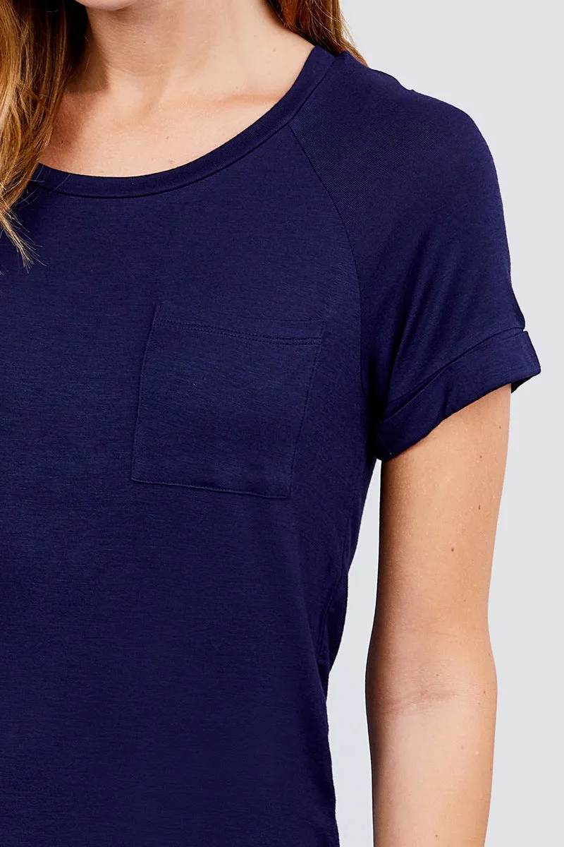 Short Raglan Sleeve Round Neck W/pocket Rayon Spandex Top