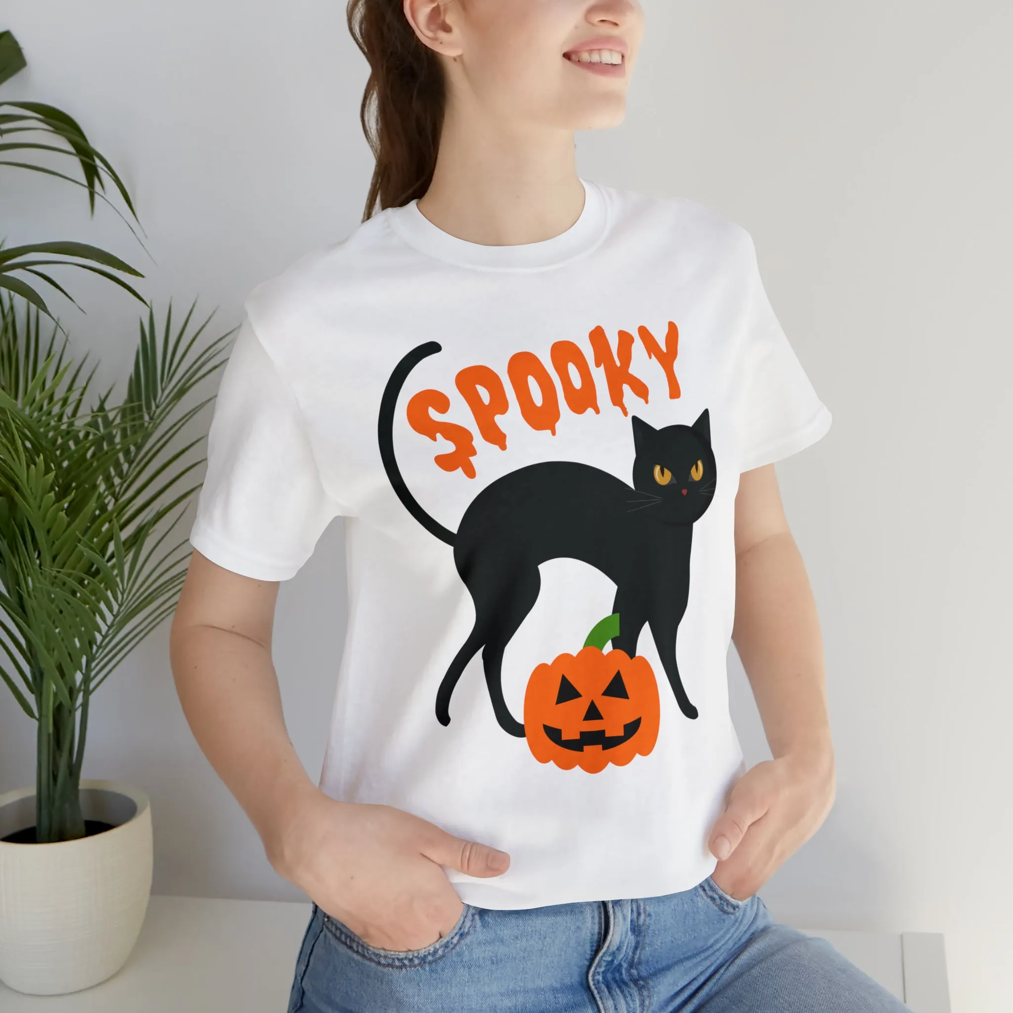 Spooky Black Cat T-Shirt | Creepy Jack-o'-Lantern Tee |  Bella Canvas 3001Unisex | Haunted Short Sleeve Tshirt