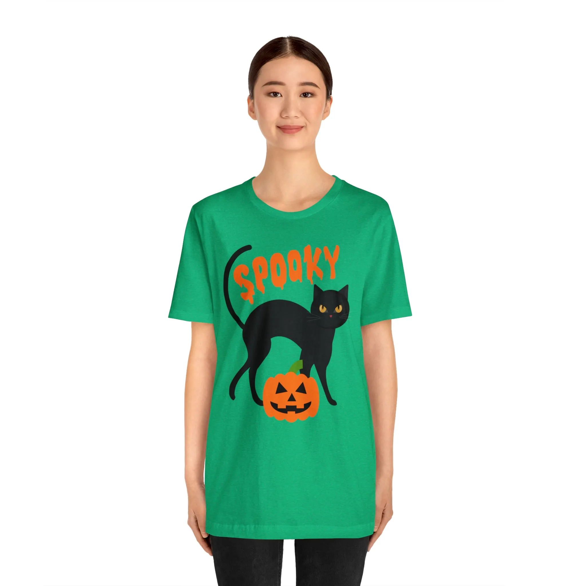 Spooky Black Cat T-Shirt | Creepy Jack-o'-Lantern Tee |  Bella Canvas 3001Unisex | Haunted Short Sleeve Tshirt