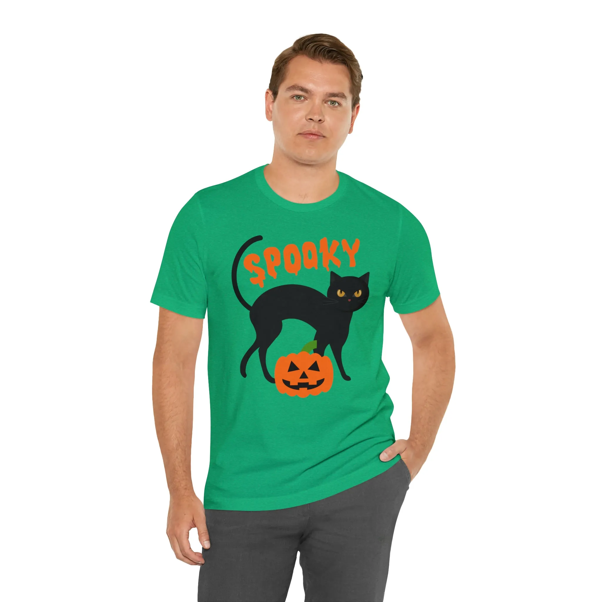 Spooky Black Cat T-Shirt | Creepy Jack-o'-Lantern Tee |  Bella Canvas 3001Unisex | Haunted Short Sleeve Tshirt