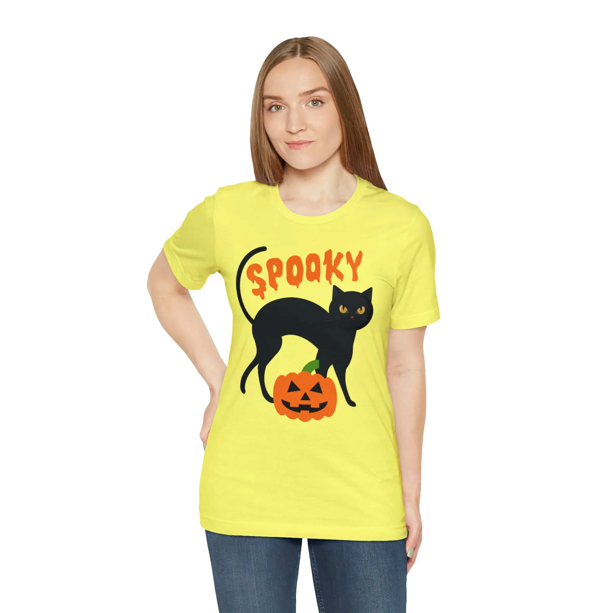 Spooky Black Cat T-Shirt | Creepy Jack-o'-Lantern Tee |  Bella Canvas 3001Unisex | Haunted Short Sleeve Tshirt