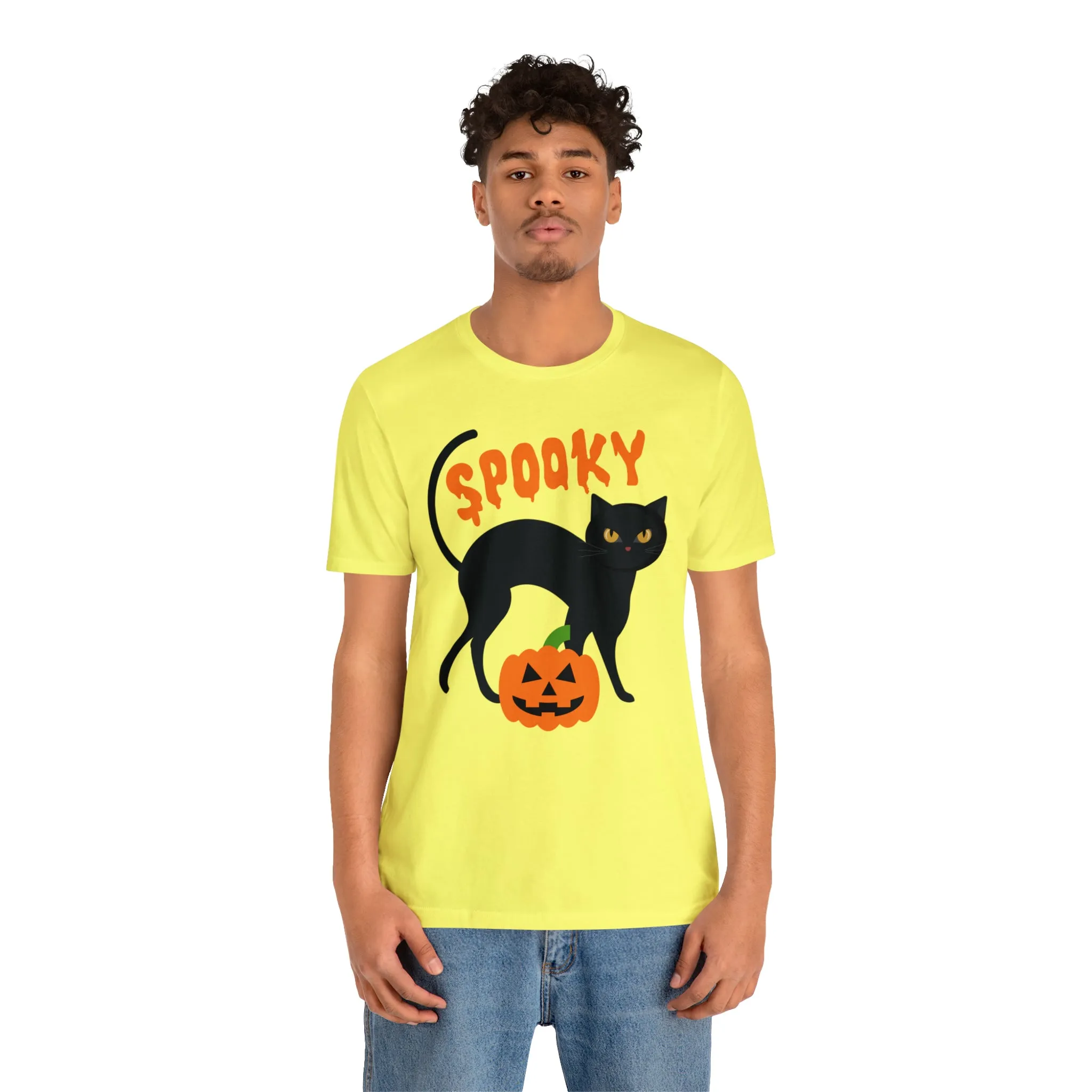 Spooky Black Cat T-Shirt | Creepy Jack-o'-Lantern Tee |  Bella Canvas 3001Unisex | Haunted Short Sleeve Tshirt