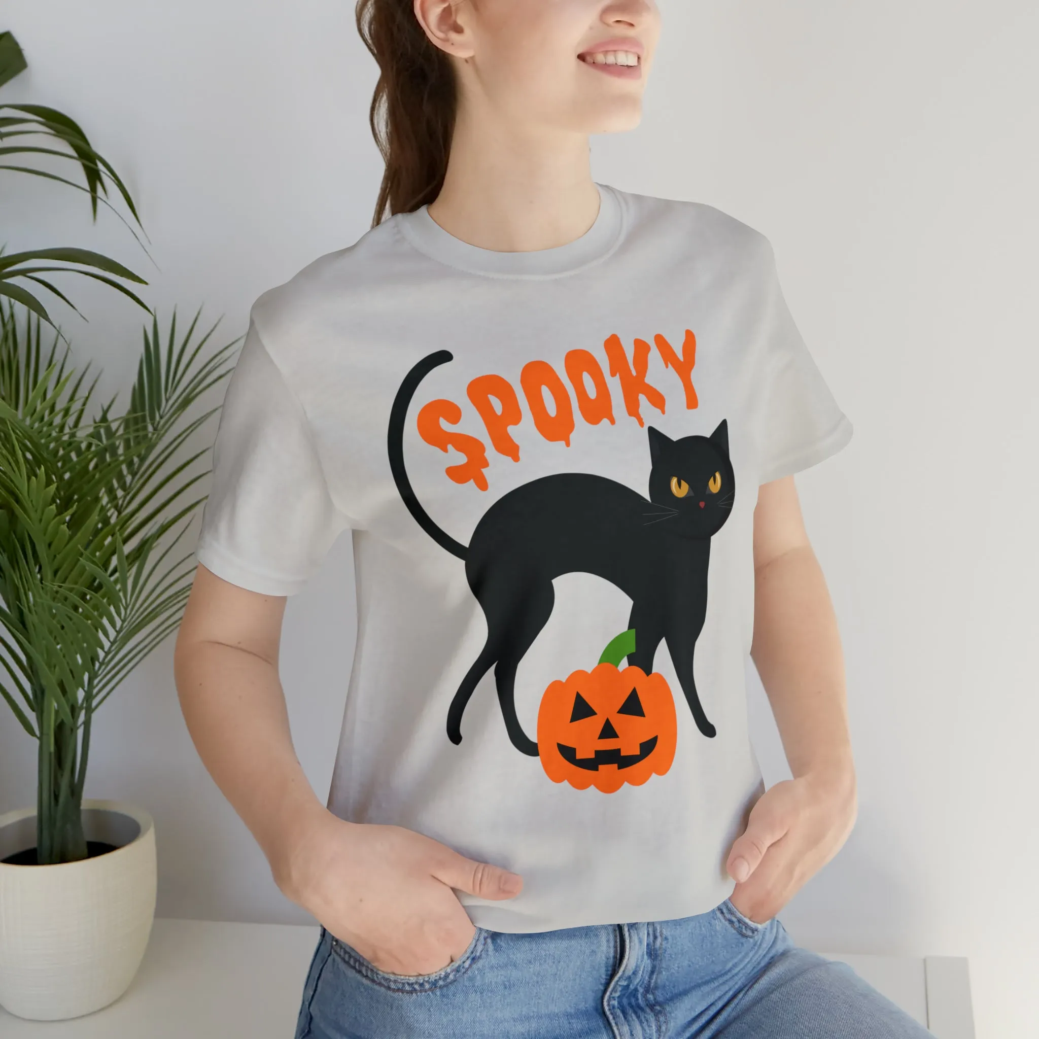 Spooky Black Cat T-Shirt | Creepy Jack-o'-Lantern Tee |  Bella Canvas 3001Unisex | Haunted Short Sleeve Tshirt