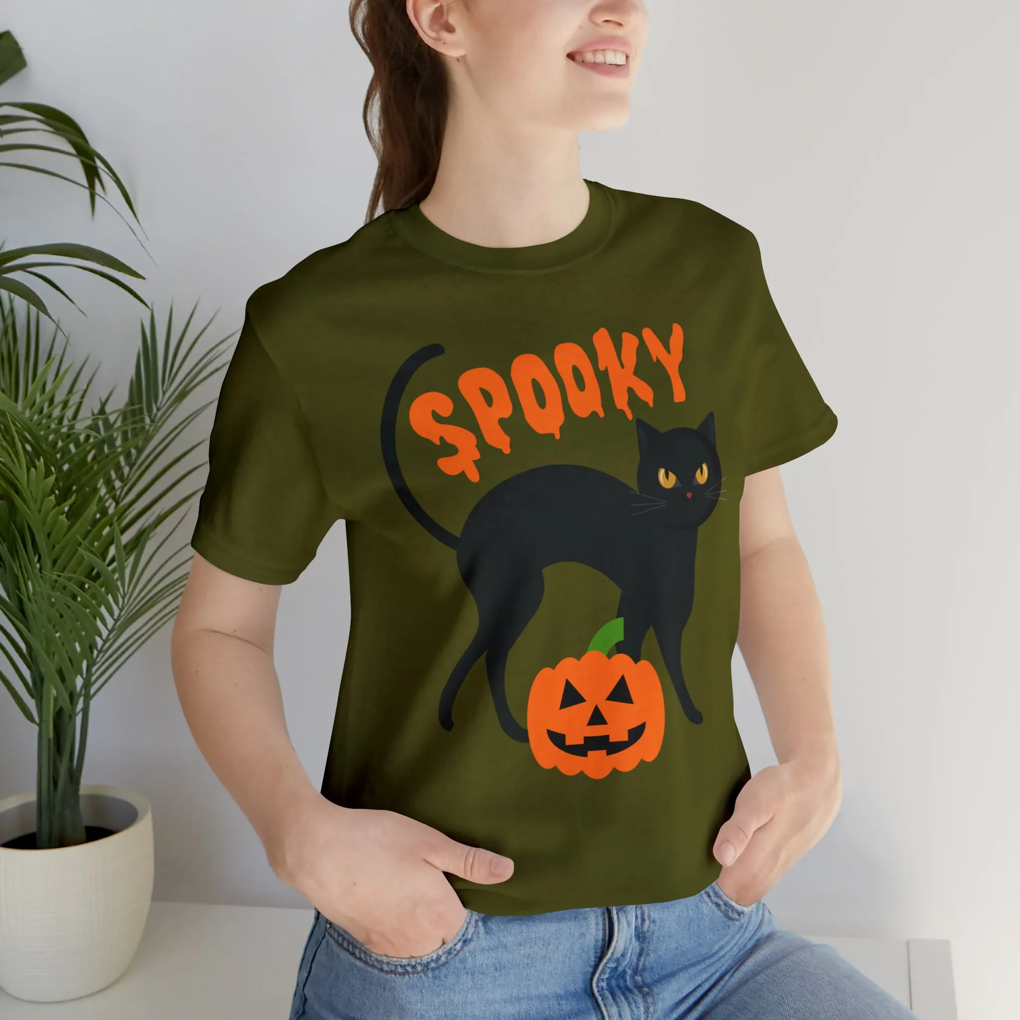 Spooky Black Cat T-Shirt | Creepy Jack-o'-Lantern Tee |  Bella Canvas 3001Unisex | Haunted Short Sleeve Tshirt