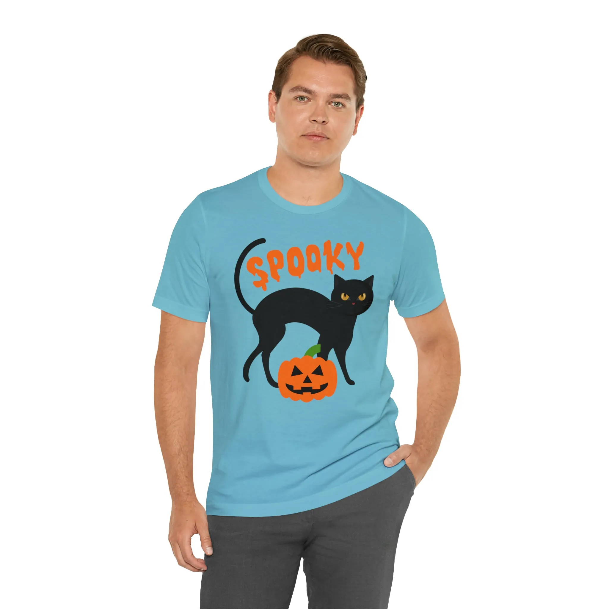 Spooky Black Cat T-Shirt | Creepy Jack-o'-Lantern Tee |  Bella Canvas 3001Unisex | Haunted Short Sleeve Tshirt