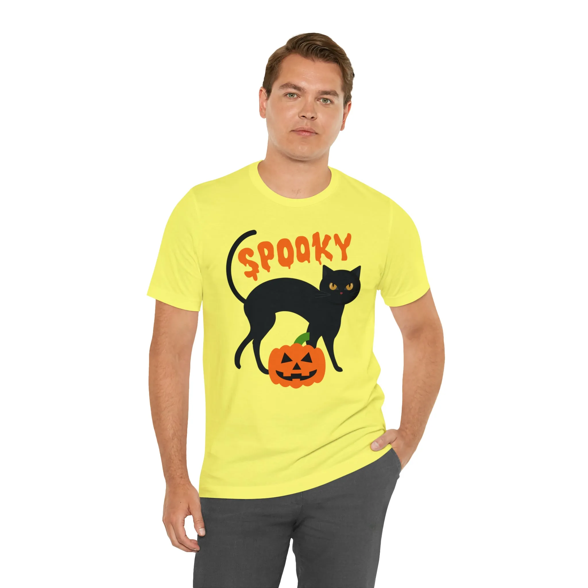 Spooky Black Cat T-Shirt | Creepy Jack-o'-Lantern Tee |  Bella Canvas 3001Unisex | Haunted Short Sleeve Tshirt
