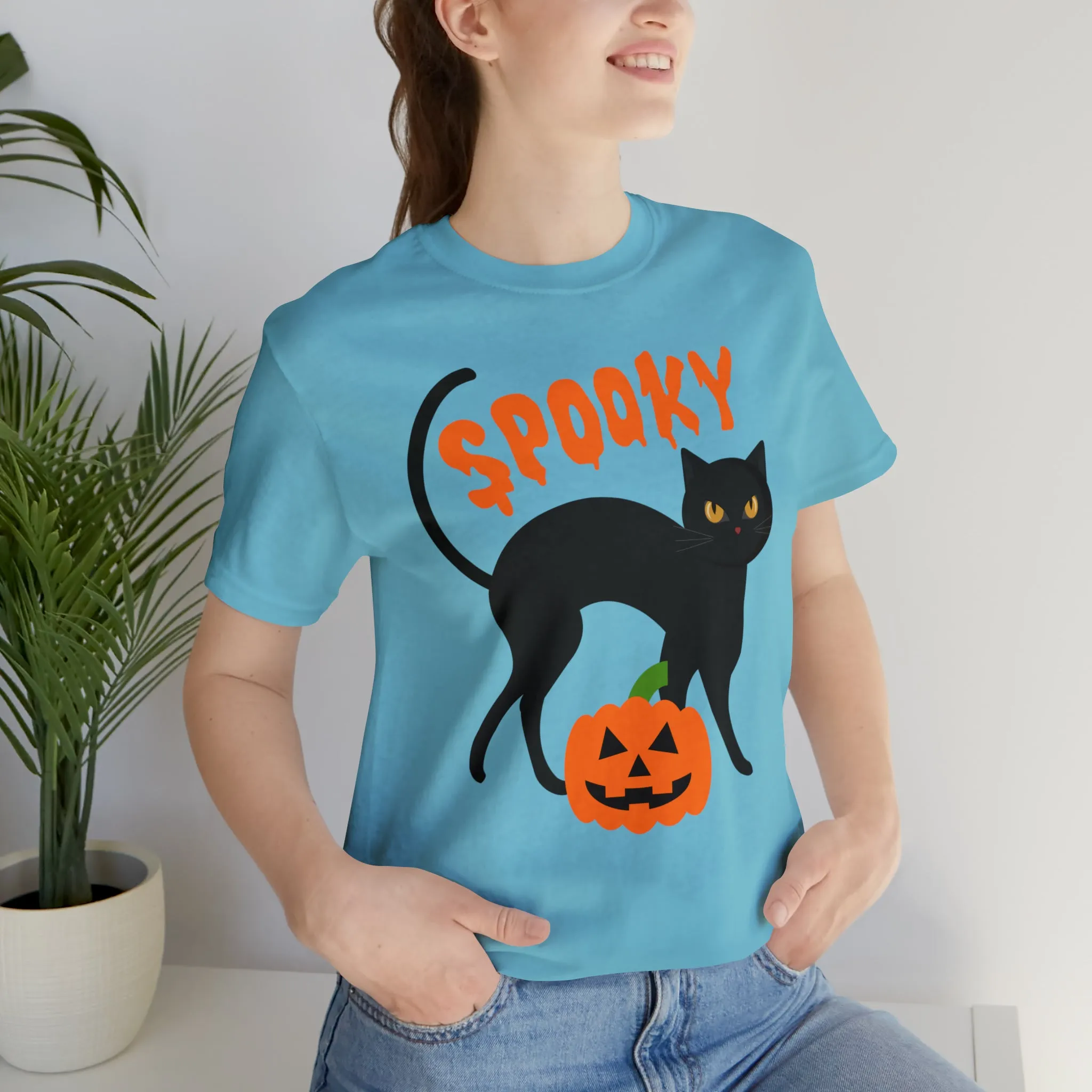 Spooky Black Cat T-Shirt | Creepy Jack-o'-Lantern Tee |  Bella Canvas 3001Unisex | Haunted Short Sleeve Tshirt