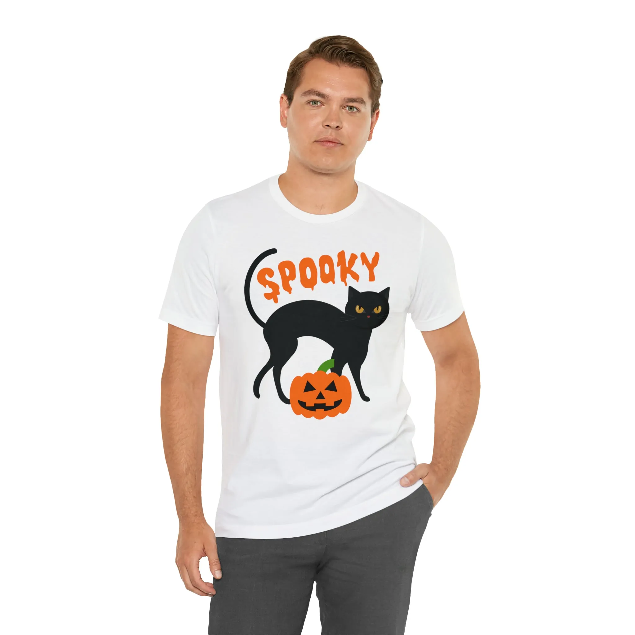 Spooky Black Cat T-Shirt | Creepy Jack-o'-Lantern Tee |  Bella Canvas 3001Unisex | Haunted Short Sleeve Tshirt