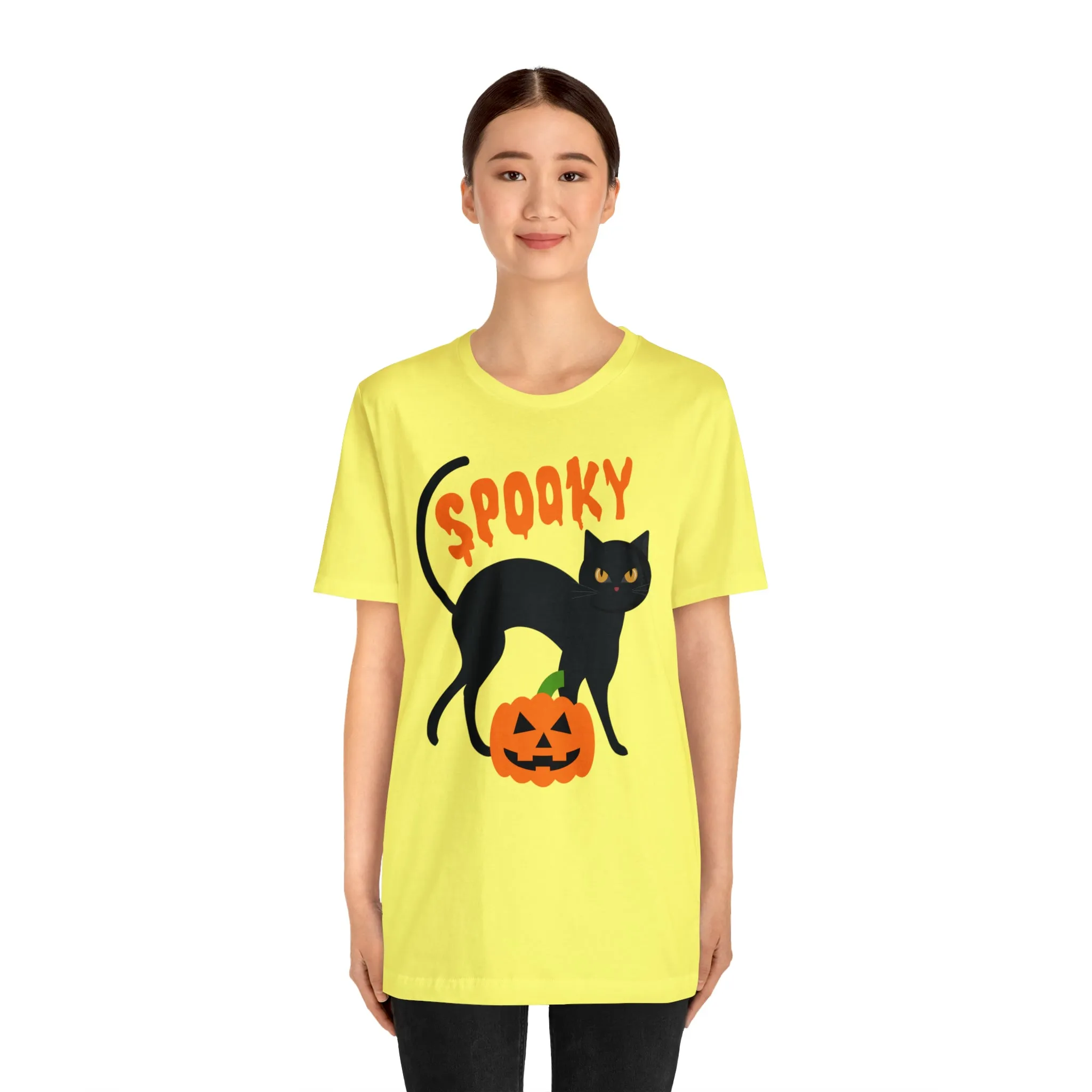 Spooky Black Cat T-Shirt | Creepy Jack-o'-Lantern Tee |  Bella Canvas 3001Unisex | Haunted Short Sleeve Tshirt