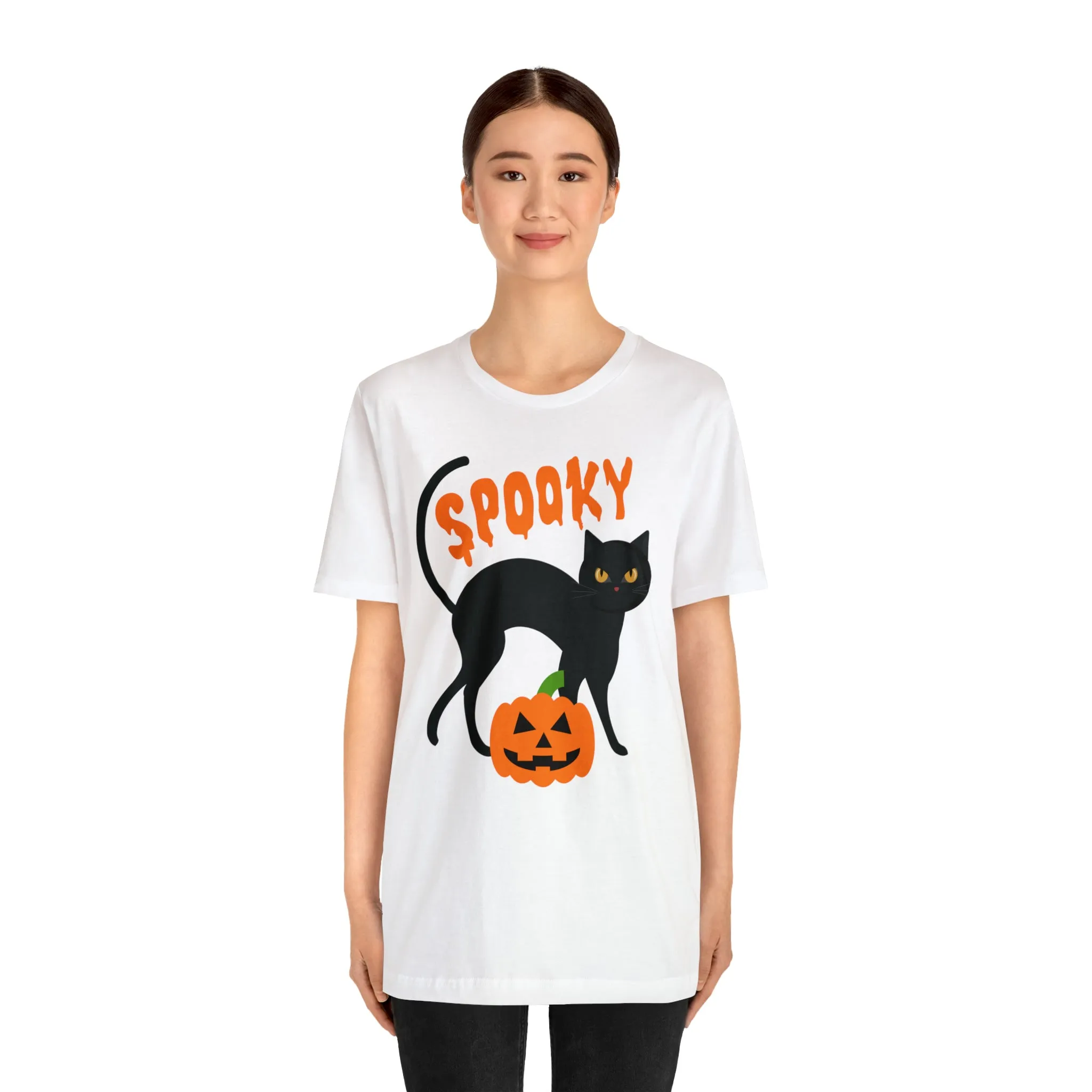 Spooky Black Cat T-Shirt | Creepy Jack-o'-Lantern Tee |  Bella Canvas 3001Unisex | Haunted Short Sleeve Tshirt