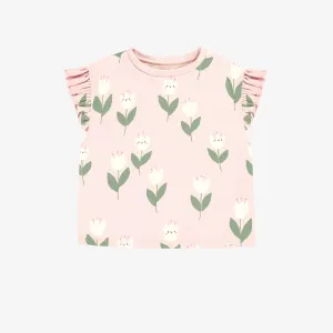 T-shirt ample rose à motifs de jolies tulipes en jersey extensible, enfant || Loose-fitting pink t-shirt with tulip all over print in stretch jersey, child