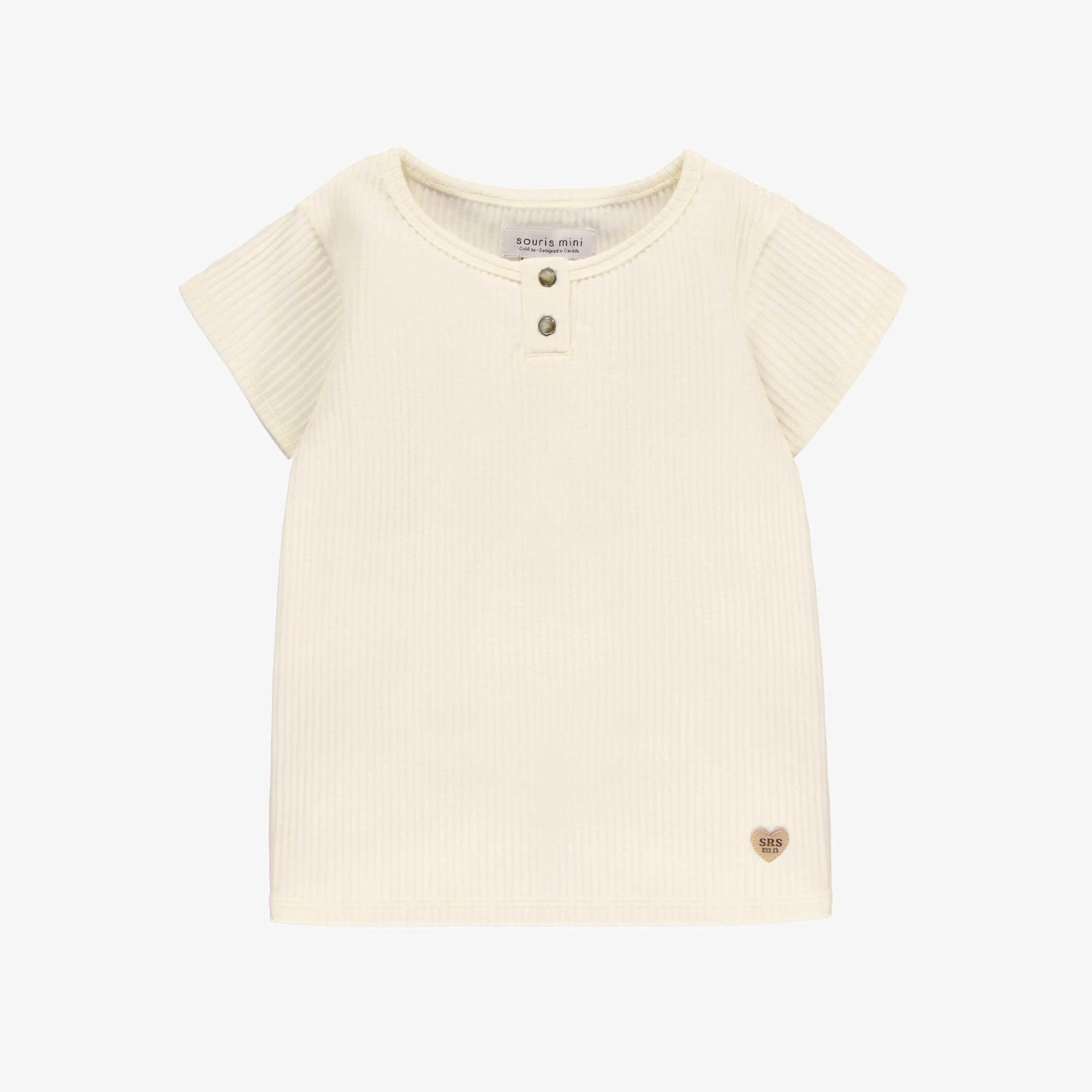 T-shirt crème en tricot côtelé irrégulier, enfant || Cream T-shirt in irregular rib knit, child