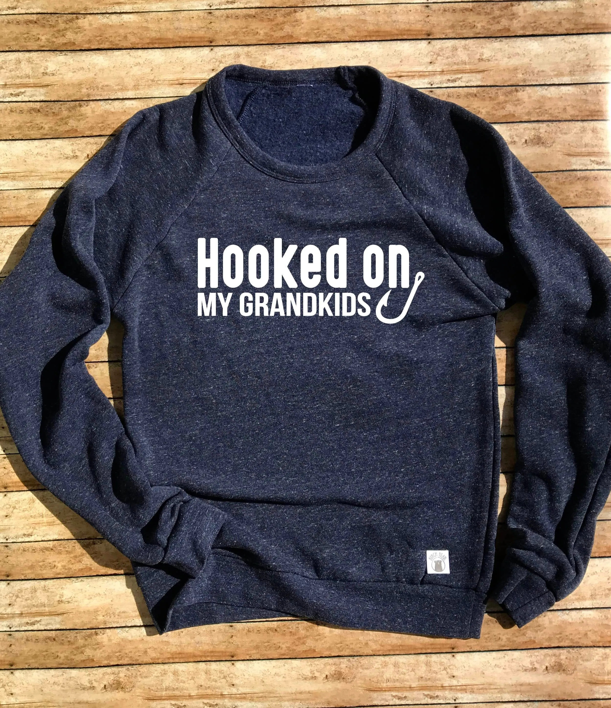 Tri-Blend Crew Neck Sweatshirt Unisex - Hooked On My Grandkids - Grandpa Fishing Sweatshirt - Grandpa Fish