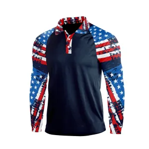 USA FLAG PRINTED PATCHWORK RAGLAN  LONG SLEEVE POLO SHIRT